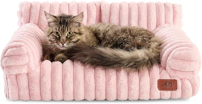 Hollypet Fluffy Plush Pet Cat Couch Soft Calming Pet Sofa Beds for Medium Small Cats and Dogs, Light Pink