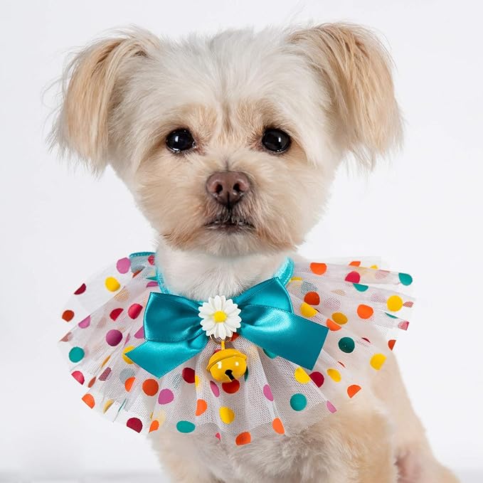 2PCS Dog Cat Collar with Bell Colored Polka Dot Daisy Pet Bib Cute Scarfs Necklace Neck Strap for Pet Costume Supplies