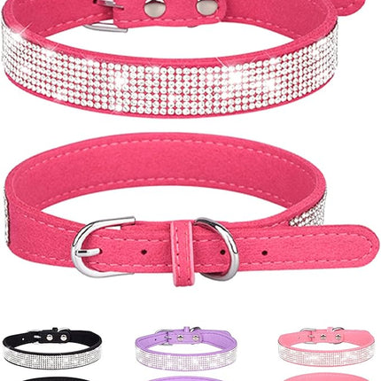 Dog Collar for Large Dogs, Adjustable Leather Suede Bling Dog Collars，Rose Red Dog Collar Cat Collar, Rhinestone Dog Collar