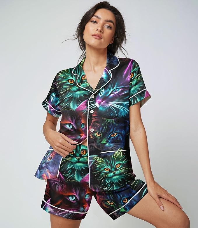 Women’s Silk Satin Pajama Set, Short Sleeve Button Down 2 Piece PJs with Shorts, Cozy Loungewear & Matching Holiday Pajamas