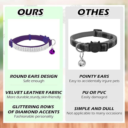 EXPAWLORER Soft Velvet Safe Cat Collars for Girl Cats -2 Pack Rhinestones Bling Diamante Adjustable Collars Breakaway- Chirstmas Cat Clollar Gifts with Bells for Boy Cats Kitty and Small Dogs