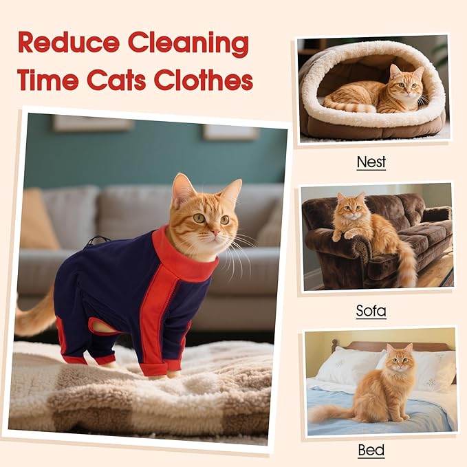 DENTRUN Cat Clothes with Anti-Shedding Fabric - Soft Recovery Suit & Breathable Lint-Resistant Cat Sweater for Wound Care & Hair Control, Kitten Onesie Pajamas, XL, Dark Blue