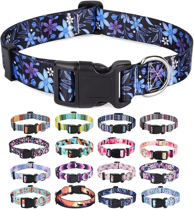 Dog Collar with Bohemia Floral Tribal Geometric Patterns - Soft Ethnic Style Collar Adjustable for Small Medium Large Dogs(Floral Blue,S)