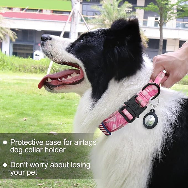 Hotsky Tactical Dog Collar and Leash Set, Heavy Duty Military Airtag Dog Collar with Handle and Metal Buckle for Training and Walking, with Airtag Holder and Two Patches(Pink Camo, XL)