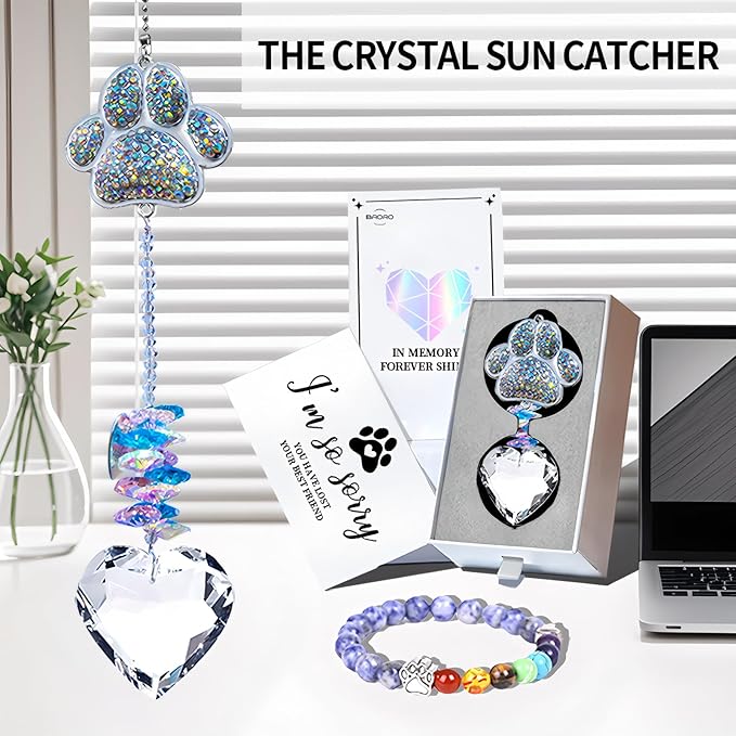 Dog Memorial Gifts,Pet Memorial Suncatcher with 7-Colorful Beads Paw Bracelet,Pet Loss,Pet Sympathy,Thoughtful Dogs and Cats Remembrance,Lost of Pet Bereavement Gifts,Crystal Heart Sun Catcher