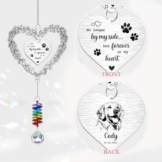 Personalized Dog Memorial Aluminum Suncatcher Ornament – No Longer by My Side But Forever in My Heart – Custom Pet Portrait Remembrance Gift for Dog Loss, Pet Memorial Decor