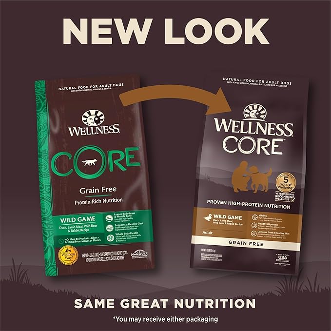 Wellness CORE Dry Dog Food, Grain-Free, High Protein, Natural, Wild Game Duck, Lamb, Wild Boar, & Rabbit Recipe, (12-Pound Bag)