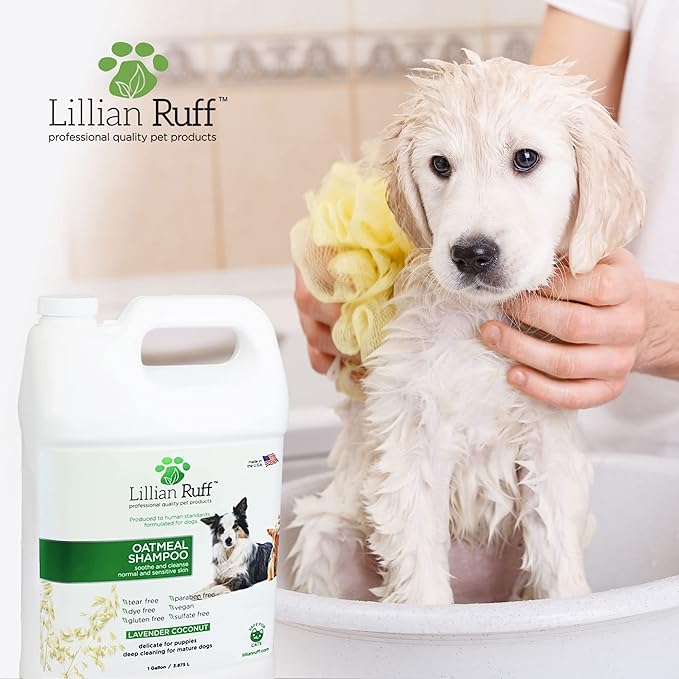 Lillian Ruff PRO Formula Deodorizing Oatmeal Dog Shampoo - Calms Itching & Allergies, Ultra-Nourishing Dry Skin Relief - Oatmeal, Aloe, Coconut Oil, Lavender & Provitamin B5 - Made in USA Gallon+Pump