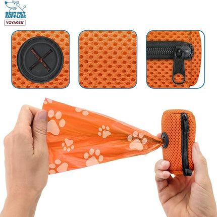 Best Pet Supplies Dog Poop Bag Holder Leash Attachment with 15 Bags, Orange, Reusable Mesh Dispenser Pouch for Travel, Walking, Park, and Outdoor Use, Soft and Durable with Clip-On