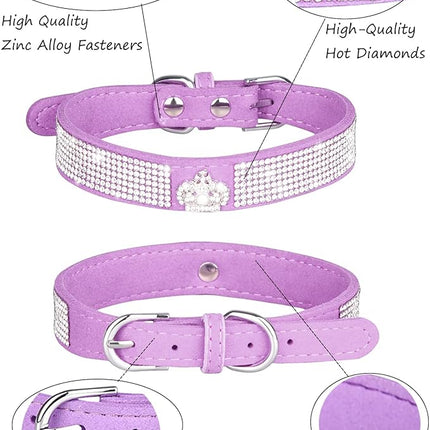 Dog Collar for Small Dogs, Adjustable Leather Suede Bling Dog Collars，Pink Dog Collar Cat Collar, Rhinestone Dog Collar (S, purple3)