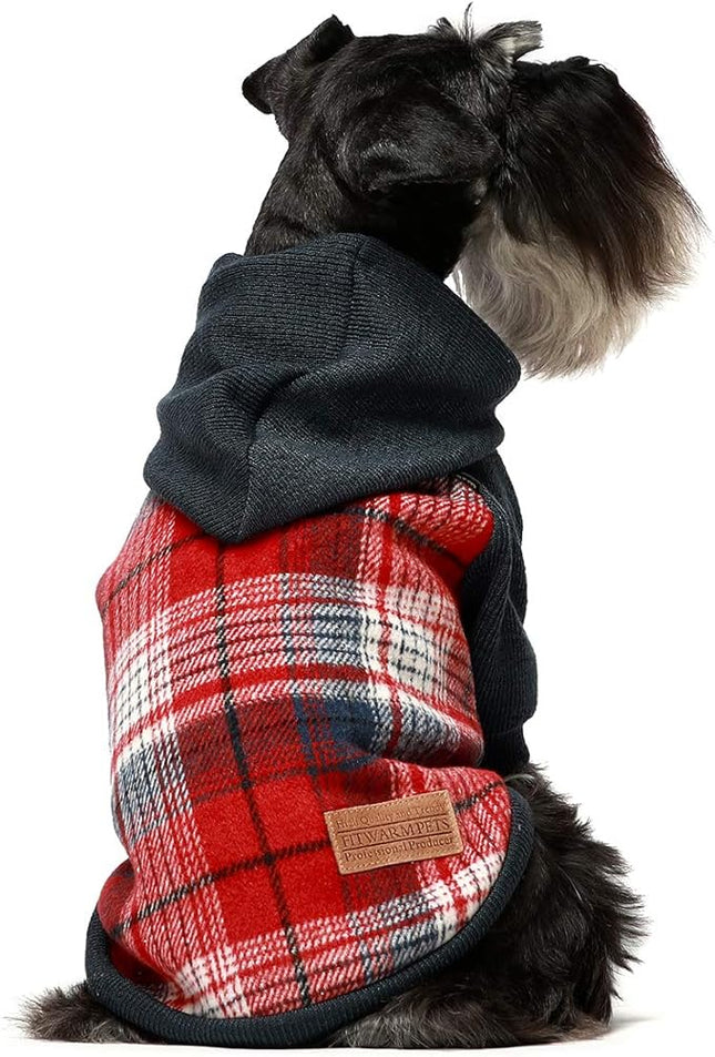 Fitwarm Tartan Plaid Dog Hoodie, Knitted Dog Clothes for Small Dogs Boy, Pet Sweater with Hood, Cat Fleece Lined Winter Outfit, Red, Navy Blue, XS