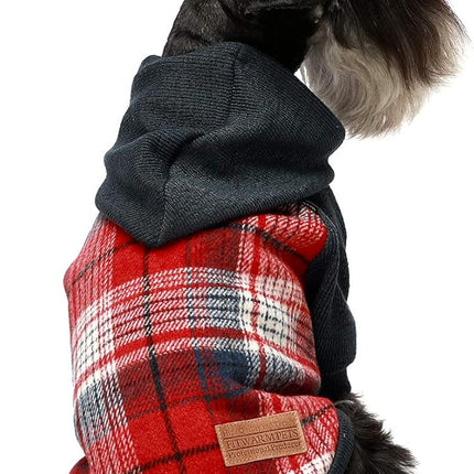 Fitwarm Tartan Plaid Dog Hoodie, Knitted Dog Clothes for Small Dogs Boy, Pet Sweater with Hood, Cat Fleece Lined Winter Outfit, Red, Navy Blue, XXL