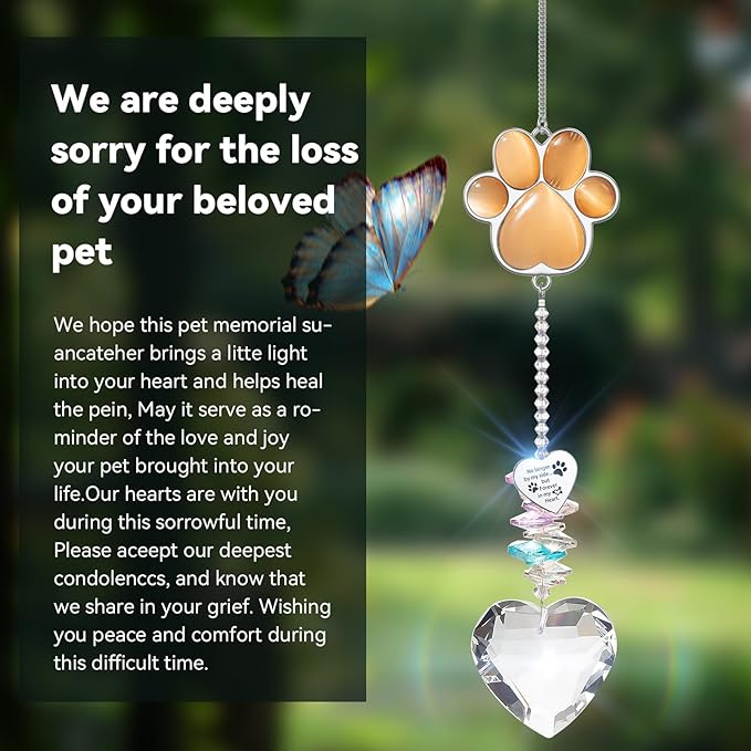 Pet Memorial Suncatcher - Dog Memorial Gifts, Pet Loss Sympathy, Thoughtful Dogs and Cats Bereavement Remembrance Gifts, Natural Cat's Eye Paw Crystal Suncatcher(Orange Red)
