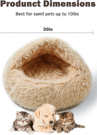 Cat Bed for Indoor Cats, Calming Cozy Cave with Self-Warming Plush, Entire Bed Machine Washable & Anti-Slip Base, Breathable Pet Bed for Small Cats&Dogs All Seasons (Apricot Color, 20 * 20inch)