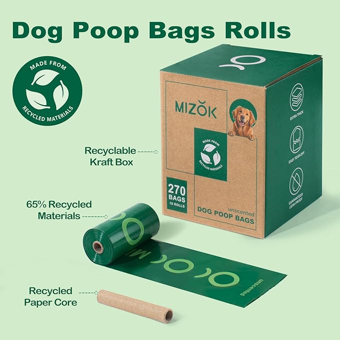 MIZOK Dog Poop Bags Rolls, 270 Count, 65% Recycled Material Poop Bags for Dogs, Leakproof, Extra Thick Durable and Easy Tear-Off, Unscented