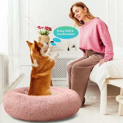 SAVFOX Plush Calming Dog Beds, Donut Dog Bed for Small Dogs, Medium, Large & X-Large, Comfy Cuddler Dog Bed and Cat Bed in Faux Fur, Washable Dog Bed, Multiple Sizes XS-XXL