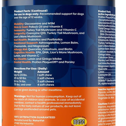 NaturVet All-in-One Adult Dog Daily Care, 10-in-1 Supplement Dog Soft Chews for Mobility, Skin, Digestion, Teeth, Cognition, Eyes, Hickory Smoked Bacon Flavored Pet Supplement for Dogs, 60 Count