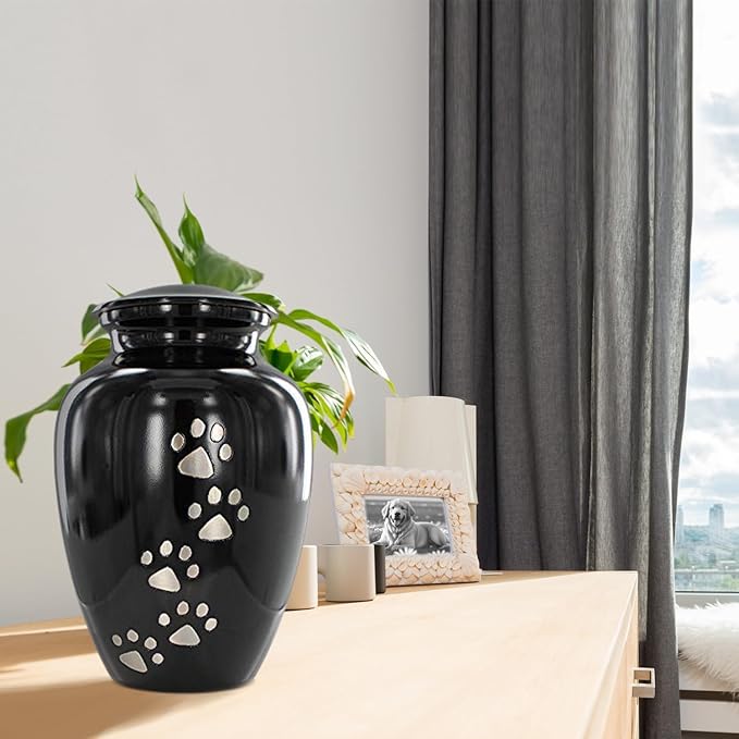 Trupoint Memorials Large Pet Urn for Dogs and Cats Ashes, Paws Print Black Cremation Urns for Pets up to 122 lbs