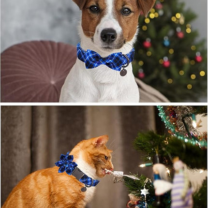 Dog Collar with Bow Tie, Cotton Dog Bowtie for Puppy, Blue Girl Boy Dog Collar with Durable Metal Buckle, XS