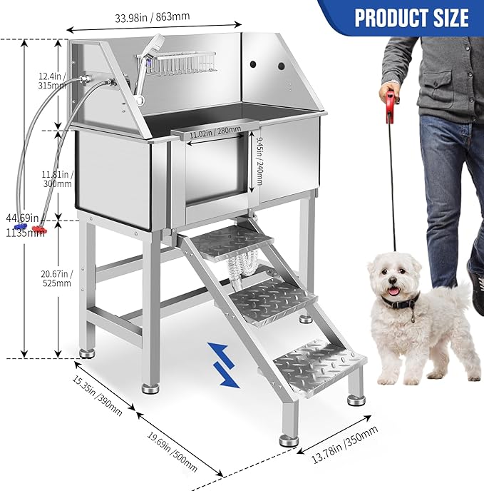 Professional Stainless Steel Dog Grooming Tub W/Soap Box, Faucet,Rich Accessory, Bathtub For Multiple Pets, Washing Sink For Home