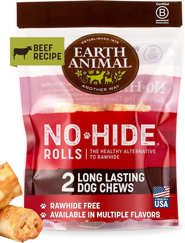 Earth Animal No Hide Chews - Long Lasting Rawhide Free Small Dog Chews Rolls, Beef - 2 Count