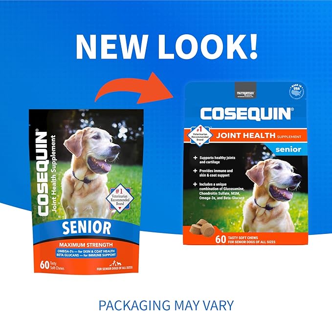 Nutramax Cosequin for Senior Dogs Joint Health Supplement, Contains Glucosamine for Dogs, Chondroitin, MSM, Omega-3s and Beta-Glucan, Supports Joint, Skin and Coat, Immune Health, Soft Chews, 60 Count