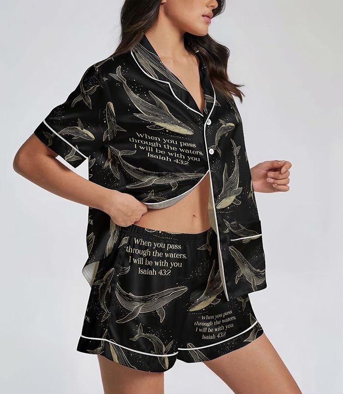 Women’s Silk Satin Pajama Set, Short Sleeve Button Down 2 Piece PJs with Shorts, Cozy Loungewear & Matching Holiday Pajamas