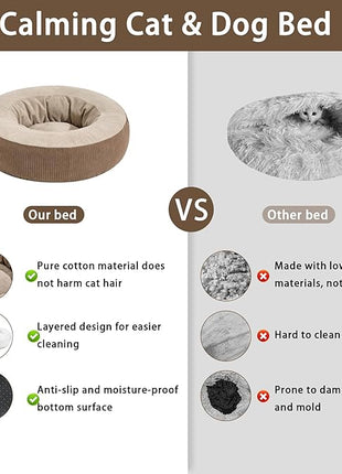 Calming Cat Bed with Anti-Slip Bottom, Washable Removable Round Cozy Pet Bed for Indoor Cats, Small Dogs, Kittens & Puppies 20”x20”x6”