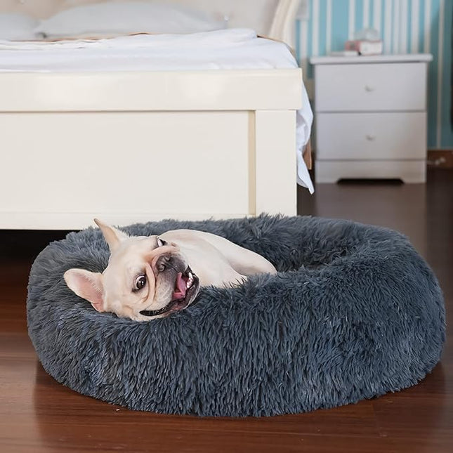 Calming Anti-Anxiety Donut Dog Bed for Small Medium Dogs - 23 Inches Dark Gray, Washable Fuzzy Puppy Bed Fits up to 15 lbs Pets