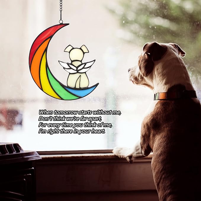 Stained Glass Rainbow Bridge Dog Memorial Gifts for Loss of Dog Sympathy Remembrance Suncatcher, Angel Wings Pet Loss Bereavement Gifts in Memory of Pet Passing Away Window Hanging.