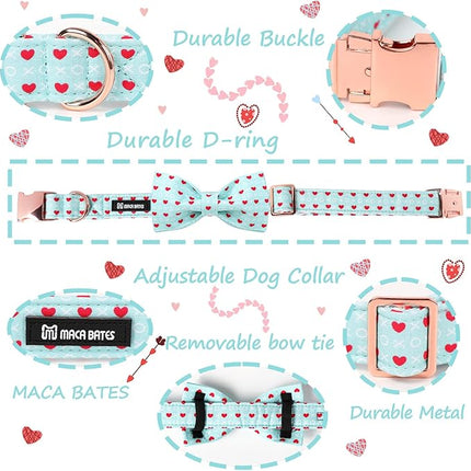 Maca Bates Valentines Dog Collar with Bow Comfortable Soft Heart Dog Collar with Metal Buckle Adjustable Puppy Collar Valentine's Day Gift for Small Medium Large Dog