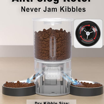 Automatic Cat Feeder for 2 Cats, 4.2L Dual Food Dispenser, Up to 6 Meals/Day, Portion Control, Voice Message, Dual Power Options (Transparent+Black, Dual Stainless Steel Bowls)