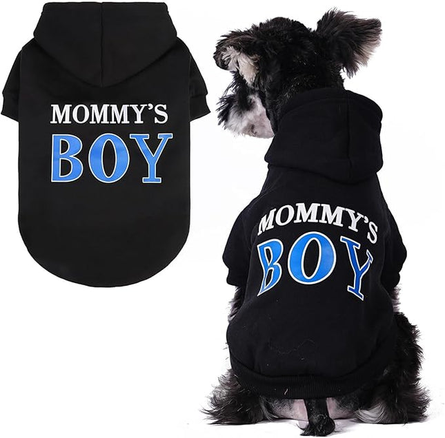 BINGPET Mommy's Boy Dog Sweater with Hood and Leash Hole,Warm Fleece Dog Hoodie & Winter Coat for Small to Large Dogs,Cold Weather Pet Clothes(Small)