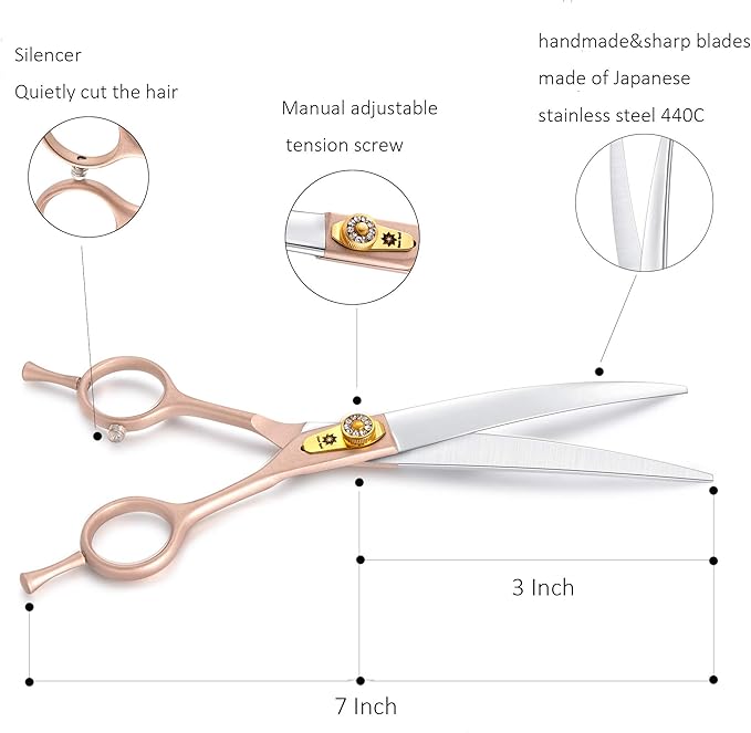 7 Inches Professional Pet Grooming Scissors, 440C Japanese Steel Straight & Curved & Thinning & Chunker Shears/Scissors for Dog Cat and More Pets (7 inch-Curved Scissors)