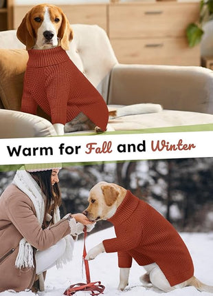 Queenmore XXL Dog Sweater, Large Dog Sweaters for Male Dogs, Turtleneck Plaid Kintsweaters for Large Breeds, Cold Weather Pullover Pet Clothes, Saddle Brown 2XL