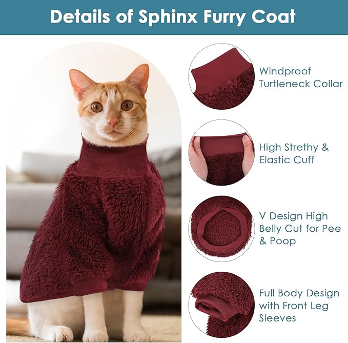 SUNFURA Sphynx Cat Sweater, Hairless Cats Turtleneck Pullover Kitten Sweaters for Cats Only, Warm and Soft Cat Pajamas Shirt with Sleeves Pet Winter Clothes Fleece Jumpsuit for Puppy, Burgundy M