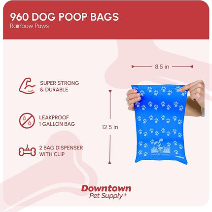 Downtown Pet Supply Poop Bags for Dogs with Dispenser, 960 Count - Leak-Proof Dog Waste Bags and Bone-Shaped Dog Poop Bags Holder for Leash - Rainbow with Paw Prints, 12.5" x 8.5"