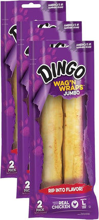 Dingo Wag’n Wraps Jumbo 2 Count, Made with Real Chicken, Rawhide Snack for Large Dogs (Pack of 3)