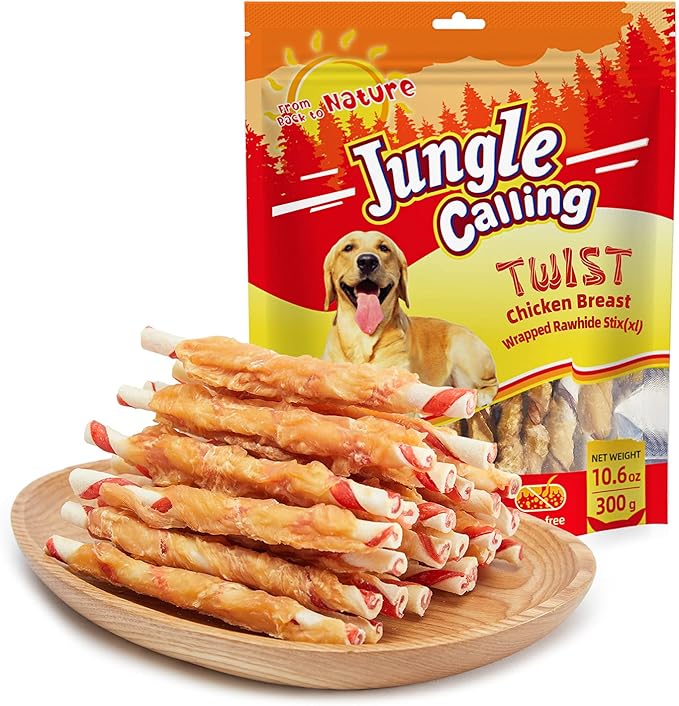 Jungle Calling Dog Treats, Chicken Wrapped Rawhide Chew Sticks - High Protein, Low Fat Dental Chews for Teeth Cleaning & Training Rewards, 10.6oz
