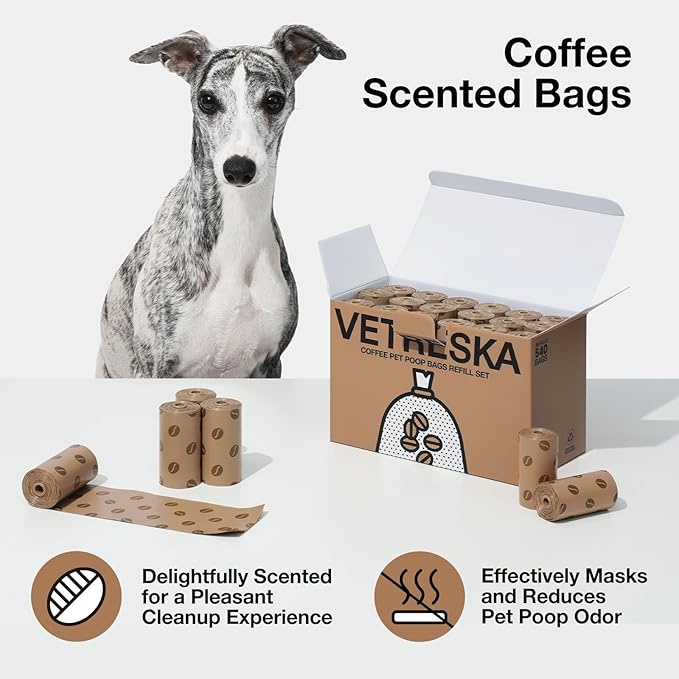 VETRESKA Dog Poop Bags, 540 Count Coffee Scented Waste Bags, Leak Proof, Extra Thick, 9" x 13" Large Dog Pet Bags for Dogs and Cats - (36 Rolls)