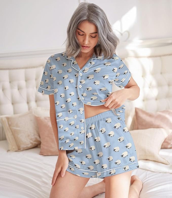 Women’s Silk Satin Pajama Set, Short Sleeve Button Down 2 Piece PJs with Shorts, Cozy Loungewear & Matching Holiday Pajamas