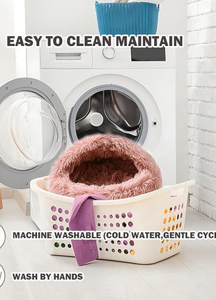 Cat Bed for Indoor Cats, Calming Cozy Cave with Self-Warming Plush, Entire Bed Machine Washable & Anti-Slip Base, Breathable Pet Bed for Small Cats&Dogs All Seasons (Leather Pink, 20 * 20inch)