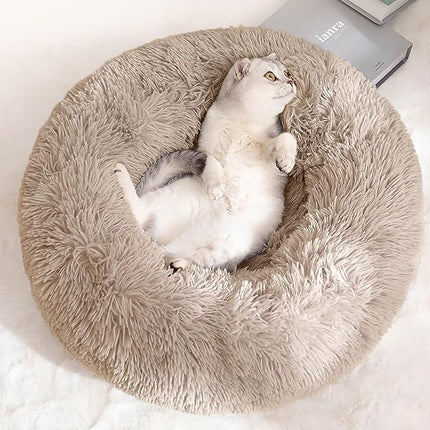 Cat Beds for Indoor Cats - Cat Bed Washable 20 inches, Dog Beds for Small Medium Dogs, Anti Anxiety Round Fluffy Plush Faux Fur Pet Bed, Thick Bottom (Light Brown, Medium)