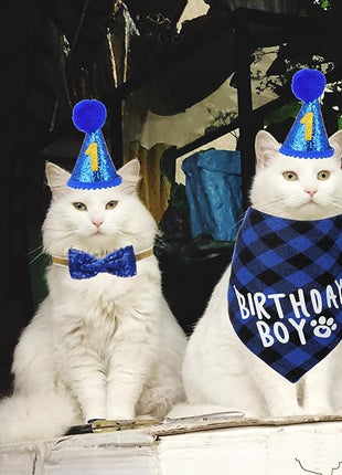 Cat Birthday Party Supplies, Cat Birthday Hat with Number, Bandana, Bow Tie, Cats Apparel Outfits for Birthdays Decorations （Blue）