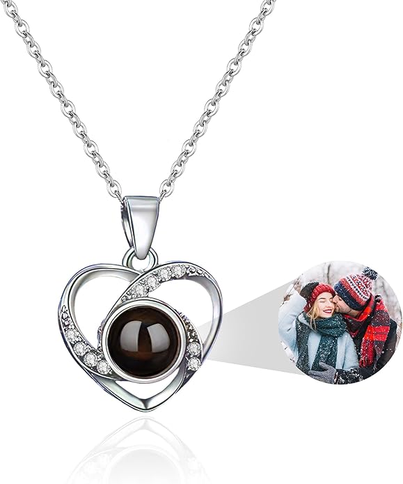 Easycosy Personalized Picture Necklace Projection Necklace with Photo Inside - Custom Photo Heart Pendant Necklace - Photo Gifts Valentines Birthday Love Memorial Gifts for Girlfriend Wife Women