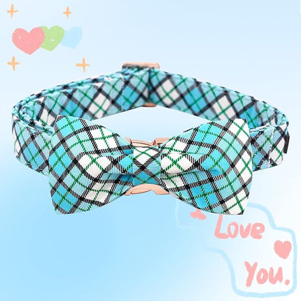 Elegant Little Tail Blue Plaid Dog Collar with Soft Bow, Adjustable for Small to Large Dogs