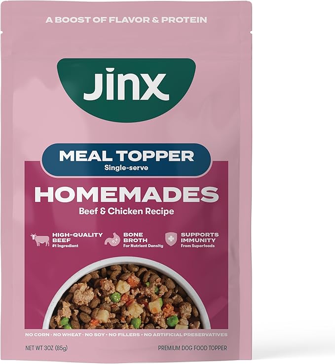 Jinx Beef Wet Dog Food Pouches, Meal or Dog Food Topper Mix-in, Made with Real Beef & Chicken, Bone Broth & Brown Rice, No Fillers, Puppy, Adult, Senior, 3oz, 8 Pack