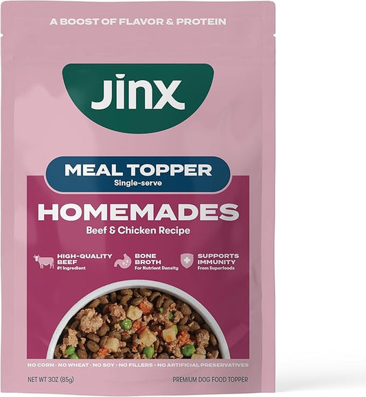 Jinx Beef Wet Dog Food Pouches, Meal or Dog Food Topper Mix-in, Made with Real Beef & Chicken, Bone Broth & Brown Rice, No Fillers, Puppy, Adult, Senior, 3oz, 8 Pack