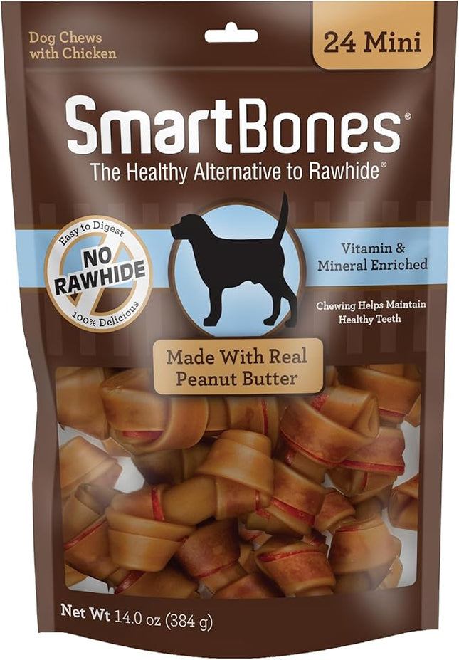 SmartBones Mini Chews With Real Peanut Butter 24 Count, Rawhide-Free Chews For Dogs (Packaging May Vary)
