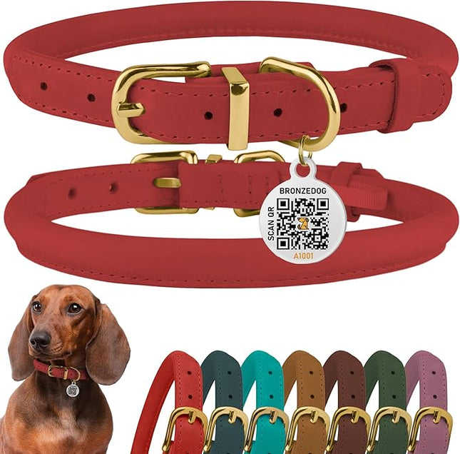 BronzeDog Rolled Leather Dog Collar with QR ID Tag, Adjustable Soft Round Collars for Small Medium Large Dogs Puppy (9" - 11" Neck Size, Coral Pink)